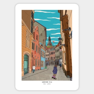 Downtown Riga Latvia Whimsical Retro Inspired Illustration Sticker